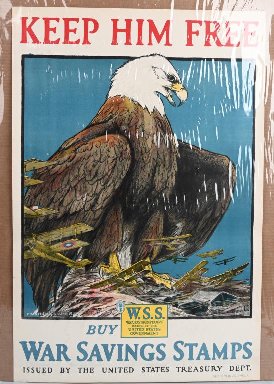 WWI US WAR SAVINGS STAMP POSTER KEEP HIM FREE: Approximately 20" x 30". Artist: Charles Livingston Bull. Issued by the U.S. Treasury Department to urge citizens to buy War Savings Stamps. The fantastic image features an eagle watching over her nes