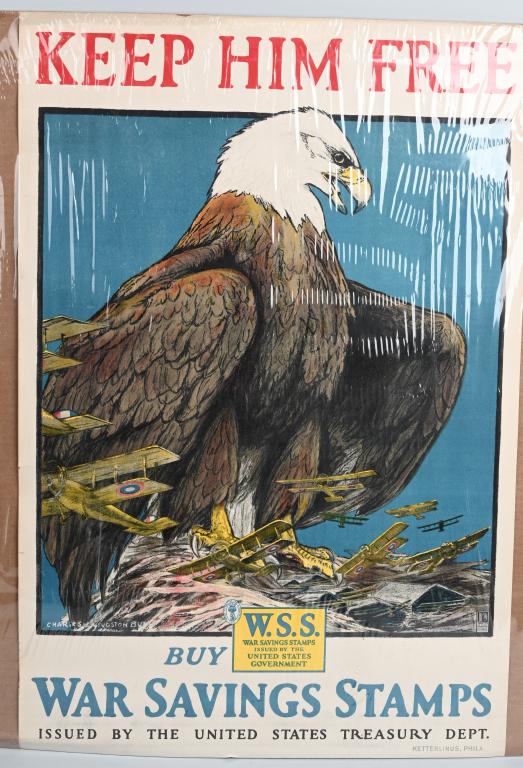 WWI US WAR SAVINGS STAMP POSTER KEEP HIM FREE: Approximately 20" x 30". Artist: Charles Livingston Bull. Issued by the U.S. Treasury Department to urge citizens to buy War Savings Stamps. The fantastic image features an eagle watching over her nes