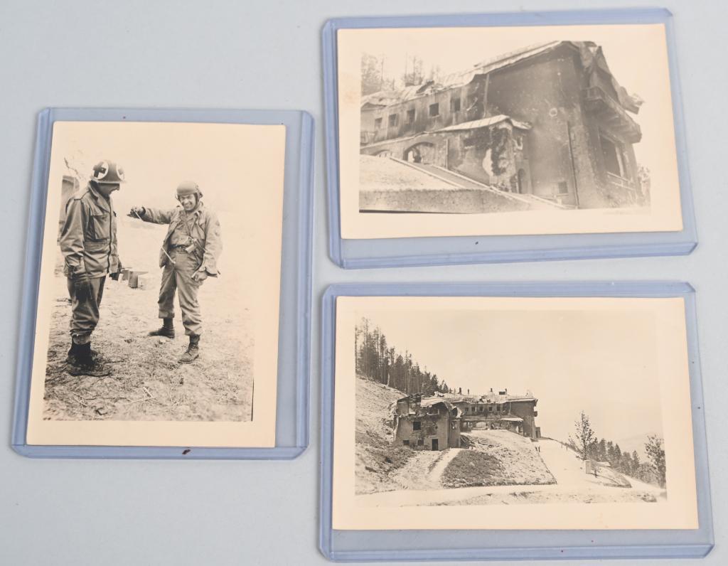 WWII US ARMY MEDIC PHOTO WITH BERGHOF HITLER HOME: WWII US Army Medic attached to an Armored unit lot of three photos including the actual medic clowning around with a buddy that is heavily armed with a Grease Gun under his arm. The two other photos i