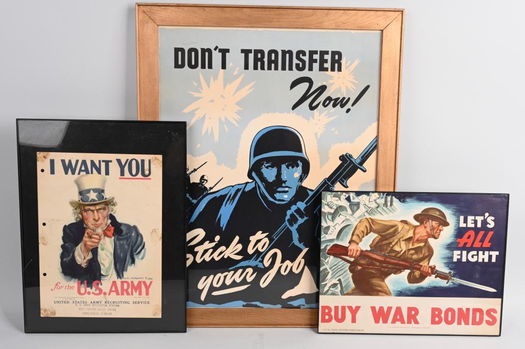 3 WWII US WAR BOND & RECRUITING POSTERS: Includes: Three original U.S. World War II recruiting posters comprising: (A) DON'T TRANSFER NOW! 24" by 19.5". (B) I WANT YOU! Uncle Sam, stamped at bottom "HALL COUNTY COURTHOUSE, GAINESVILLE GEORGI