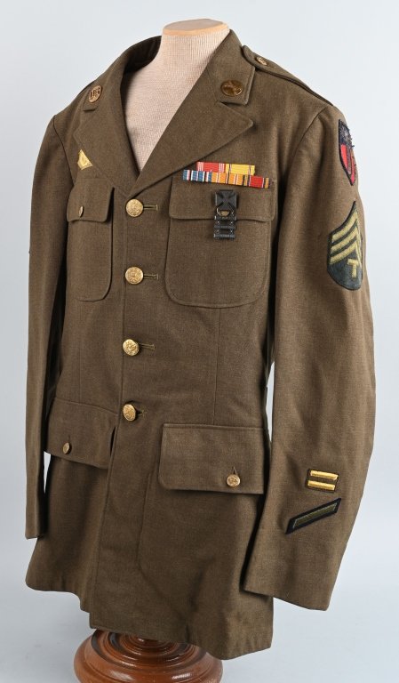 WWII US CBI SERGEANT UNIFORM W/ THEATER INSIGNIA: WWII US Army 4-pocket service coat, size 37L, dated Nov. 10, 1942. Has two very nice theater-made bullion patches -- China Burma India command or CBI shield on the left sleeve, and Army Service Forces