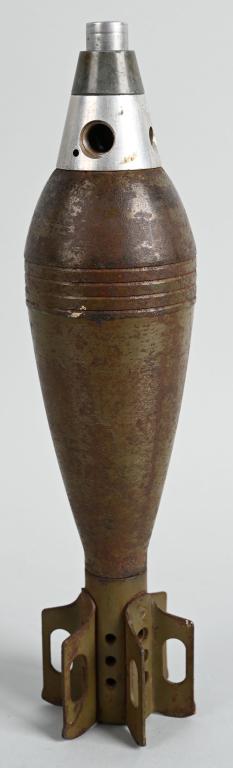 WWII US M43A 81 MM MORTAR ROUND: *INERT* World War II infantry mortar round. Approximately 13.8" tall with nose fuse assembly, fins, and body. Hollowed out tail section. Marked "RH" on the nose. Exhibits honest age wear and loss of O
