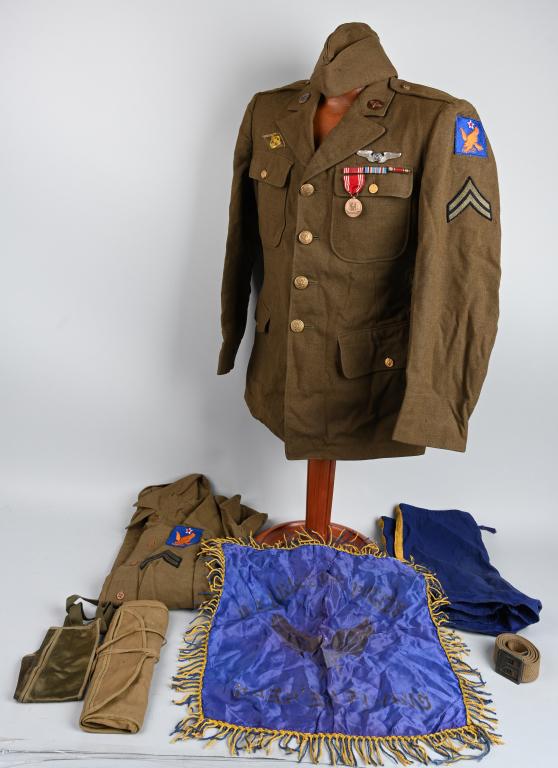 WWII US ARMY AIR CORPS AIR CREWMAN GROUP NAMED: WWII US Army Air Corps enlisted Air Crew member grouping to a Corporal W. R. Hawkes. The coat is stamped 38 Short. 4 pocket WWII Service coat has technician cuff rating, Air Crew wings, a 2nd Air Forc
