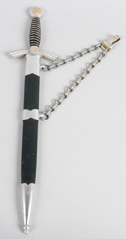 WWII NAZI GERMAN LUFTWAFFE DAGGER EICKHORN WW2: Early (circa 1936-1937) roughly 30.5cm long bright nickel/silver plated drop forged steel double edged stiletto style blade with a flat central plane. The reverse ricasso is well marked with acid etch