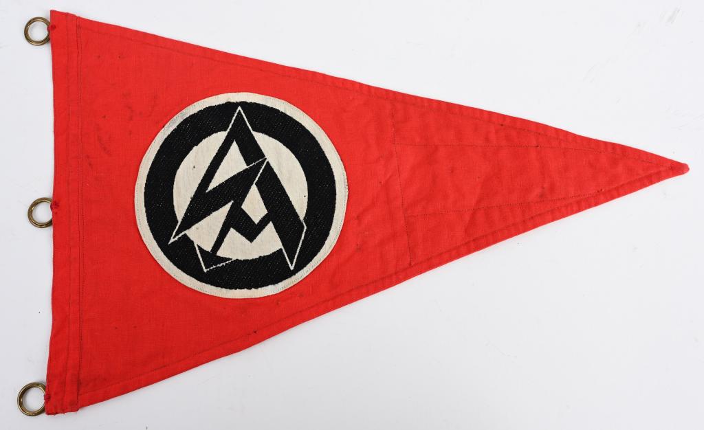 WWII NAZI GERMAN SA CAR PENNANT W/ RZM TAG WW2: WWII German Nazi SA car pennant that measures 9”x 14”. Pennant features a red base field with a central white circular disc with a stylized "SA" runes in black and black circular border trim to bo