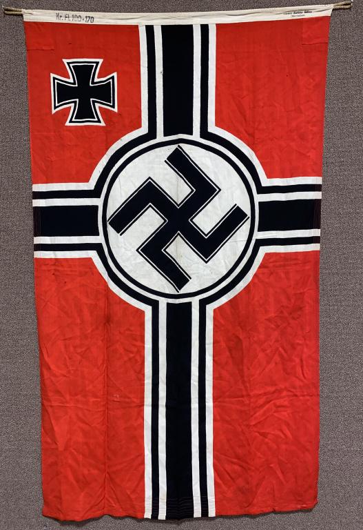 WWII NAZI GERMAN KRIEGSMARINE BATTLE FLAG 100X170: Second pattern (Circa 1937/38-1945) single piece dual sided printed cotton/linen construction national war flag. The flag features a red base field with a central white/black/white/black bordered whit