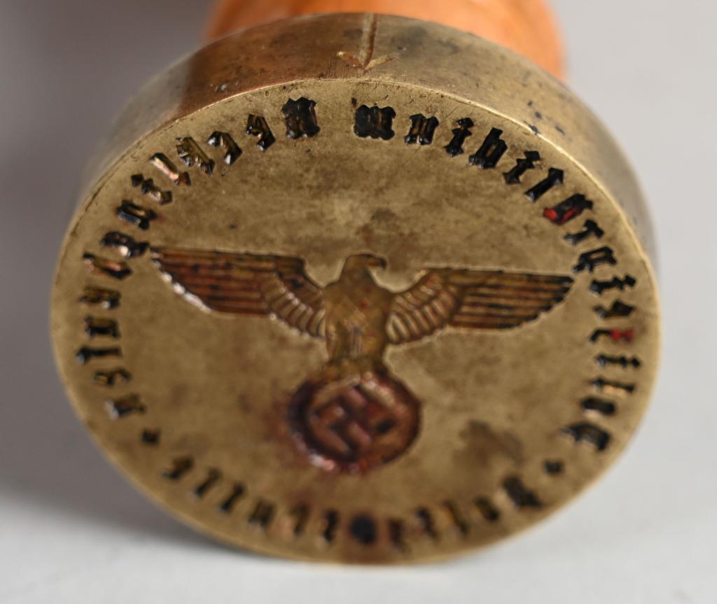 WWII NAZI GERMAN DISTRICT POLICE WAX SEAL STAMP: This is a stamp for sealing an official letter envelope for the Police. The brass stamp is mounted in a wooden post designed to fit comfortably in the hand when sealing the official important document