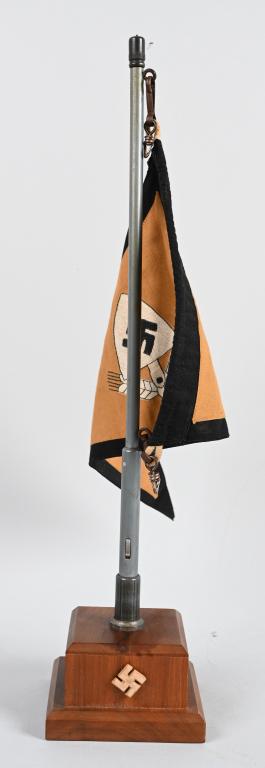 WWII NAZI GERMAN RAD LABOR KORPS STAFF CAR PENNANT: WWII Nazi German Reichs Arbeitsdienst / Labor Corps officer's staff car pennant. Approx. 8.5" by 14.15". Has a bunting and a rope on one end. Double sided multi piece embroidered cotton construction. 