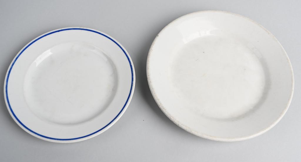 WII NAZI GERMAN POLITICAL MESS HALL PLATE LOT 2: Heavy construction of white ceramic lot of two plates including a DAF marked plate measuring 7 1/2 inches and is maker marked to Rosenthal. The second plate measures 9 inches wide and to the bottom is