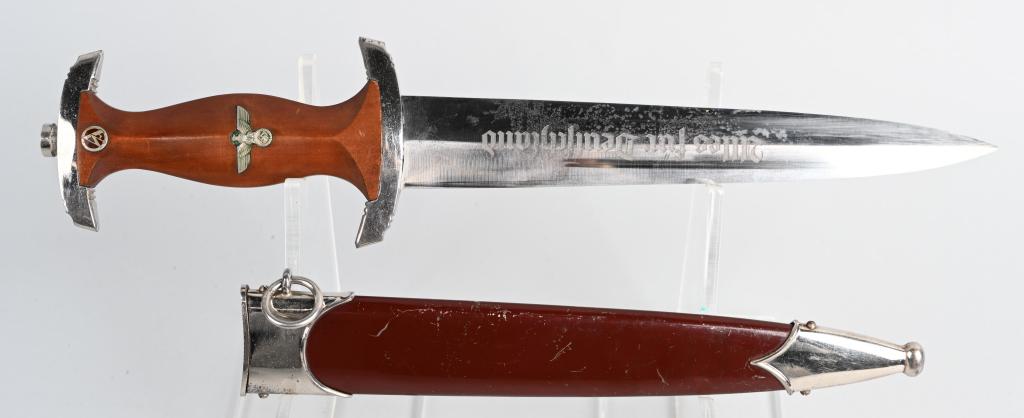 WWII NAZI GERMAN SA DAGGER M7/37 ROBERT KLAAS: Nice quality dagger features a roughly, 8 3/4", (22.2 cm), long double edged nickel/silver plated drop forged steel construction blade with a low central ridge and a full length, including the hilt, o