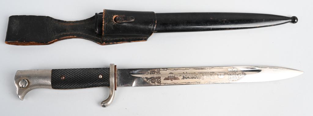 WWII NAZI GERMAN ENGRAVED LONG DRESS BAYONET: Roughly, 24cm long nickel/silver plated drop forged steel construction blade with wide fullers to each side. The single sided engraved blade is still quite clean and bright. Blade is marked "Zur Erinn