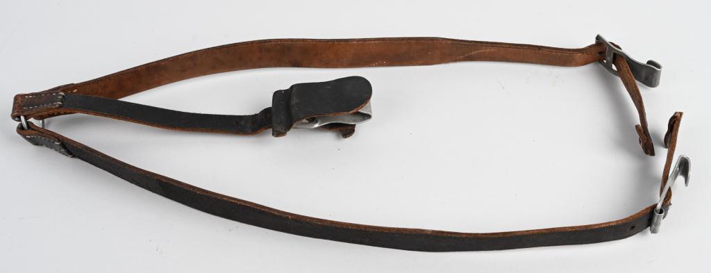 WWII NAZI GERMAN CAVALRY Y STRAPS. FOR HEER: Early, blackened leather construction Y-straps, consisting of two front straps and a short back strap with aluminum fittings. All buckles and hooks are present. Could not find any visible markings. Ve