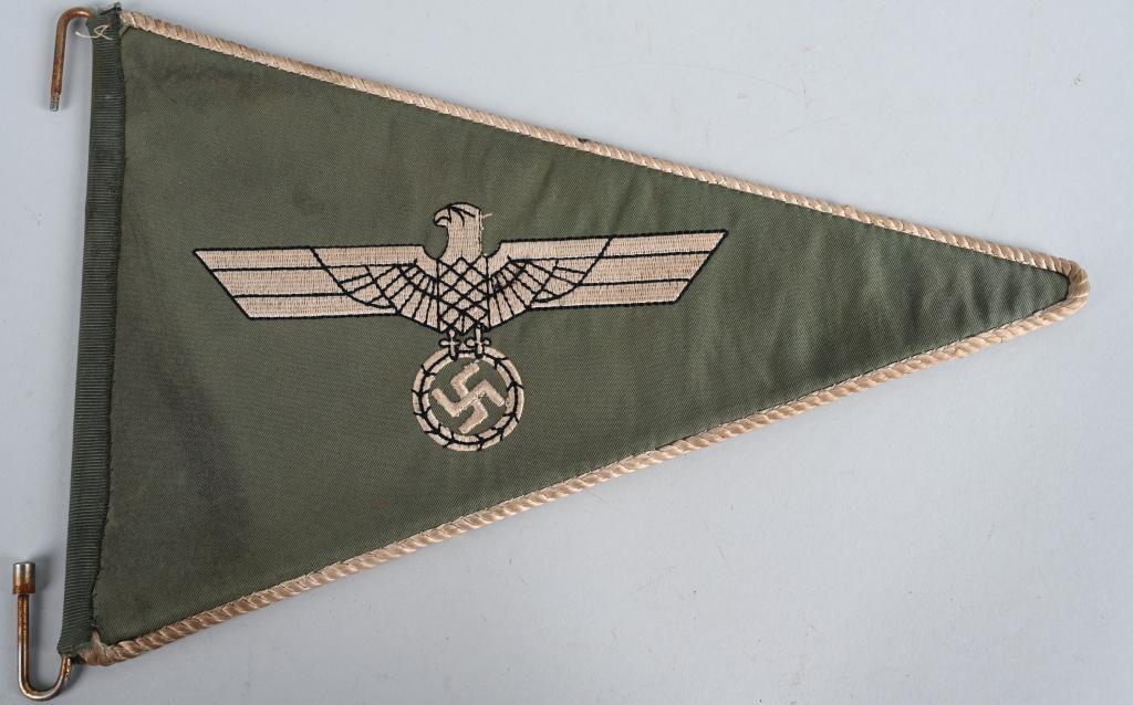 WWII NAZI GERMAN ARMY OFFICERS CAR PENNANT: Roughly, 21cm tall at the hoist end, 33cm long, horizontal, isosceles triangle, loosely woven, dual-ply, field-gray fabric construction, dual sided, pennant features a hand embroidered national eagle,