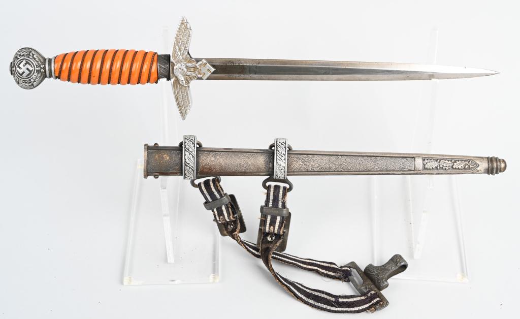WWII NAZI GERMAN LUFTWAFFE DAGGER BY HERDER: Roughly 29cm long, bright nickel/silver plated double edged, drop forged steel stiletto style blade with a flat central plane. Maker marked to RICH. A. HERDER. of Solingen. The leather washer is still