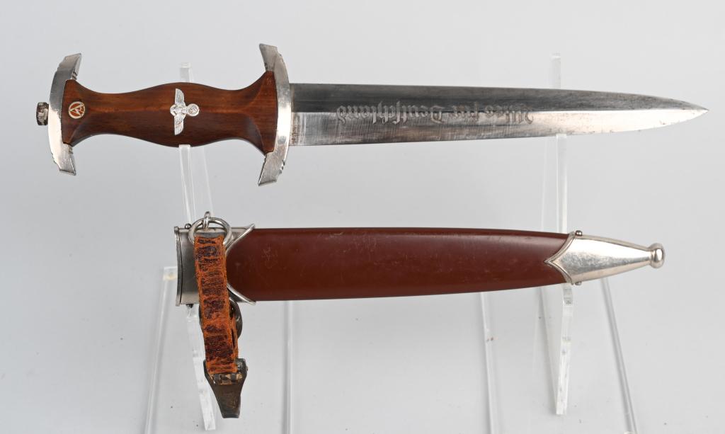 WWII NAZI GERMAN SA DAGGER BY ARTHUR EVERTZ M7/85: Nice quality dagger features a roughly, 8 3/4", (22.2 cm), long double edged nickel/silver plated drop forged steel construction blade with a low central ridge and a full length, including the hilt, o