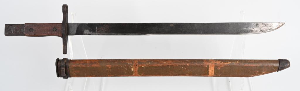 WWII JAPANESE INFANTRY TYPE 30 BAYONET W/ SCABBARD: Wooden grips are fixed with two rivets. The straight metal crossguard has a circular muzzle guide. The blued Unfullered blade is in nice condition. Nice original wooden scabbard.