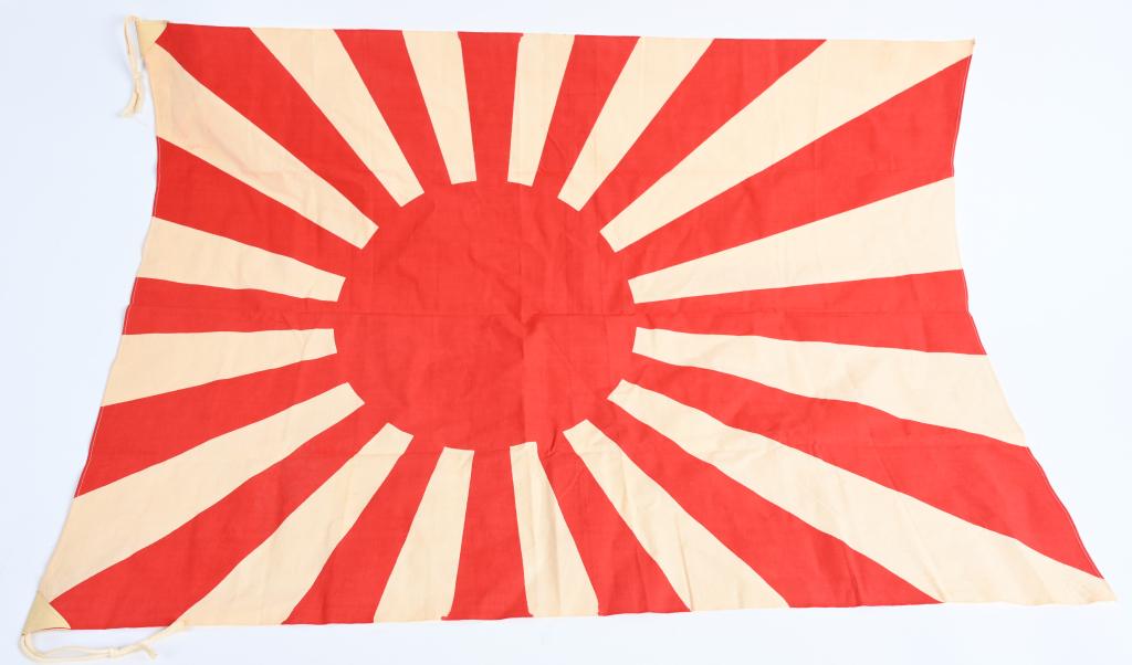 WWII JAPANESE NAVY RISING SUN WAR FLAG MINT WW2: A linen smaller sized constructed, printed flag measuring approximately 28 x 40 inches that has original tie cords and reinforcing to the corners. Off-center himaru indicates Japanese Navy. Nice untou