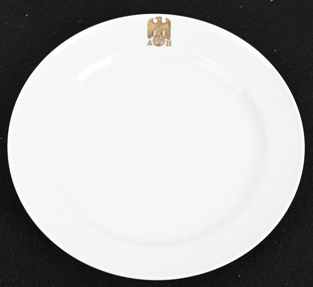 WWII NAZI GERMAN ADOLF HITLER 7 3/4 IN PLATE: Rare and beautiful Allach porcelain plate that belonged to Adolf Hitler in near perfect condition with eagle and initials A.H. in gold, marked on the back with the Allach porcelain manufacturer logo.