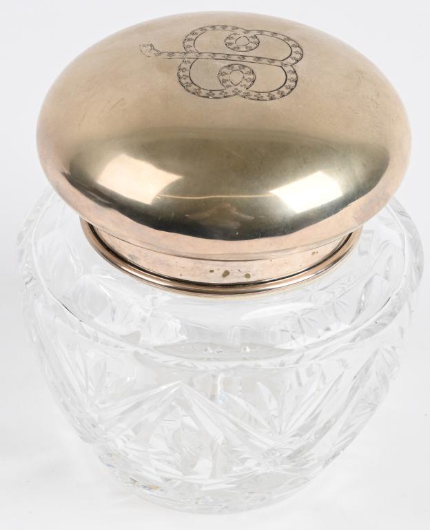 WWII NAZI GERMAN EVA BRAUN BONBONNIERE: Eva Braun - a Bonbonniere from Personal Silver Service Set. Richly cut, bellied crystal bowl. The silver lid bears a lavishly engraved “EB” monogram cloverleaf monogram. The interior is gilded. Be