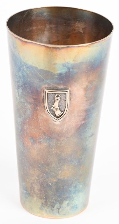 WWII NAZI GERMAN HERMANN GÖRING SILVER CUP: Hermann Goring Silver Cup from his Personal Table Service. Tall silver cup with applied Hermann Goring coat of arms, engraved inscription “Flieger – Sind Sieger” with facsimile Goring signature.