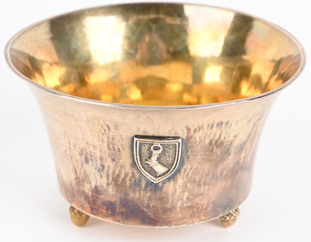 WWII NAZI GERMAN HERMANN GÖRING CONFECTIOERY BOWL: Hermann Göring Silver Confectionery Bowl by Prof. Herbert Zeitner. Hand-hammered with a gilded interior and protruding rim. The front bears a silver shield with Göring's coat of arms. The hallmark �