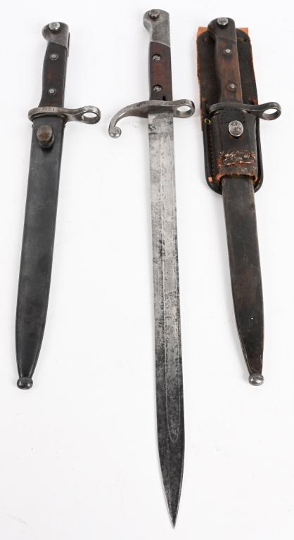 3 CHILEAN & BRAZILLIAN MILITARY RIFLE BAYONETS: Lot includes a 2 Chilean import Model 1895 Mauser bayonets and a Brazilian Model 1934 Mauser bayonet. Longest of the 3 is missing a scabbard. 15.2" blade, 20.4" overall on the longest of the three. Al