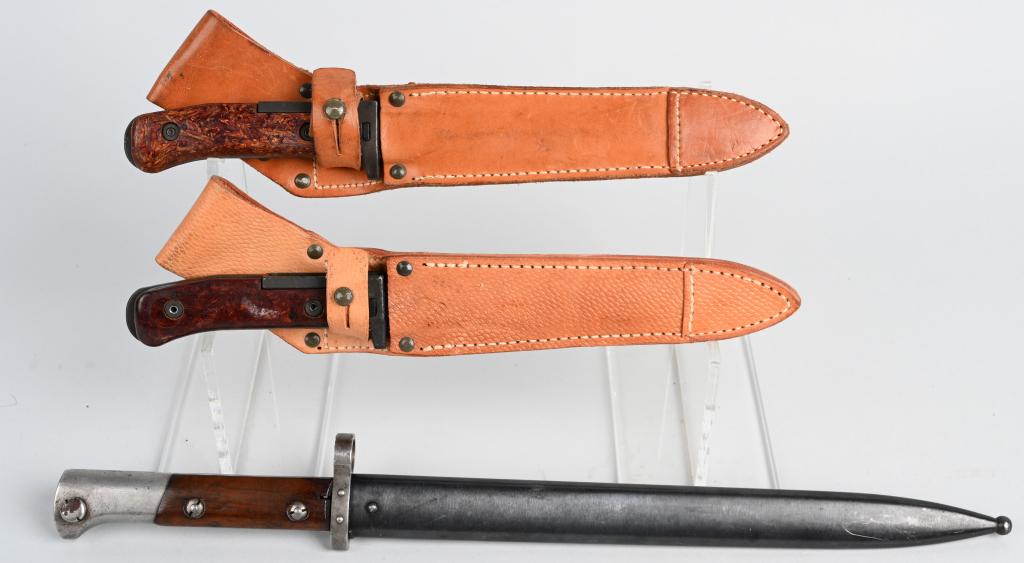 3 CZECH MILITARY RIFLE BAYONETS VZ58 VZ 23: 3 Czech military rifle bayonets. Two VZ-58 bayonets with leather scabbards and fiber grips. Both scabbards have Czech military stamps, but only one is legible and dated 1976. Blades measure 7.4" and o