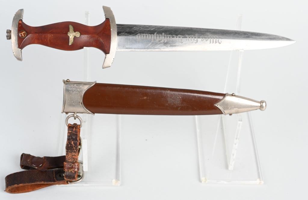 WWII NAZI GERMAN SA DAGGER M7/62/39 RARE MAKER: Nice quality dagger features a roughly, 8 3/4", (22.2 cm), long double edged nickel/silver plated drop forged steel construction blade with a low central ridge and a full length, including the hilt, o