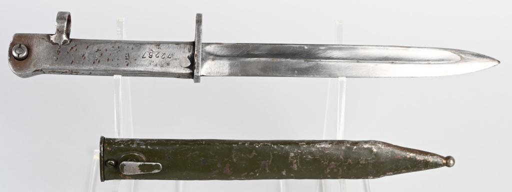 WW1 UNKNOWN ERSATZ COMBAT BAYONET w/ SCABBARD: An "ersatz" (substitute) bayonet and its scabbard made in answer to shortages by a machine shop from stamped or cast parts. Roughly 25cm blade. Typical metal grip. Ersatz, crude, scabbard. Unmarked. T