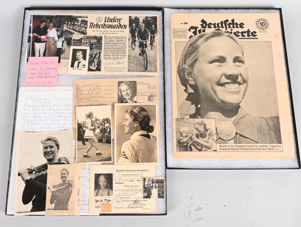 WWII NAZI GERMAN BDM / RADwJ ID and PHOTO GROUPIG: Photo grouping of a member of the RADwJ. Grouping consist of her HJ ID card as well a her RADwJ ID card. The little girl was quite photogenic because she was used in a couple of advertisements for the