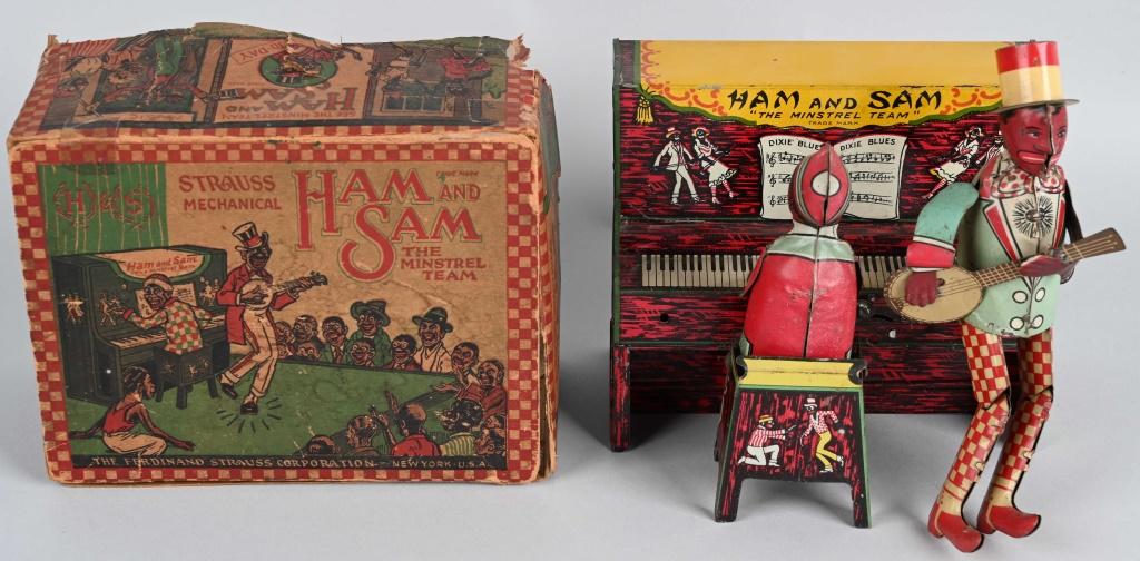 STRAUSS TIN WINDUP HAM & SAM BAND w/ BOX: All original and complete. Windup works. Comes with partial Box8" Very Good-Excellent