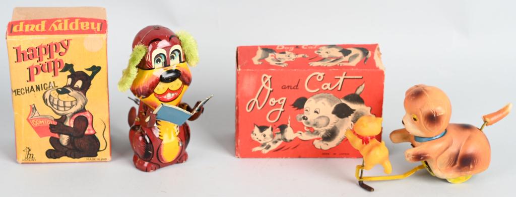 HAPPY PUP & DOG AND CAT TOYS w/ BOXES: Includes windup Happy Pup and windup Dog & Cat. Both working with Boxes. Largest 5" Excellent