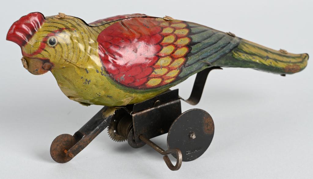 GERMAN TIN WINDUP PARROT: All original with nice colors. Works. 9" Excellent
