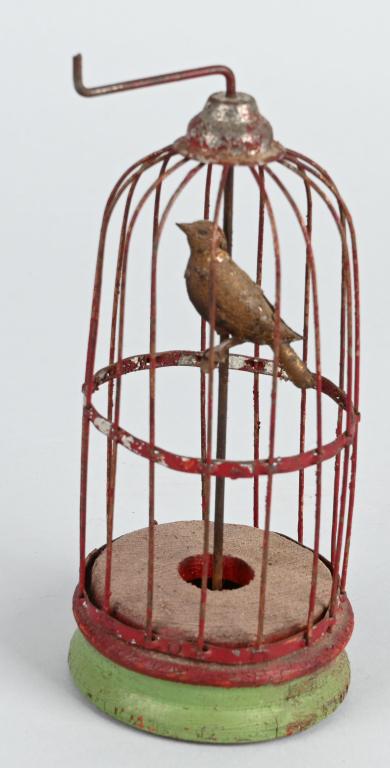 GERMAN TIN BIRD IN CAGE MUSICAL TOY: Wind the crank and the Bird turns and music plays. All original and works. 6" Very Good