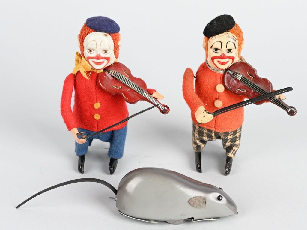 2- SCHUCO WINDUP CLOWNS & MOUSE: Includes 2 Clown with Violins and Mouse. All original and work. 4" Excellent