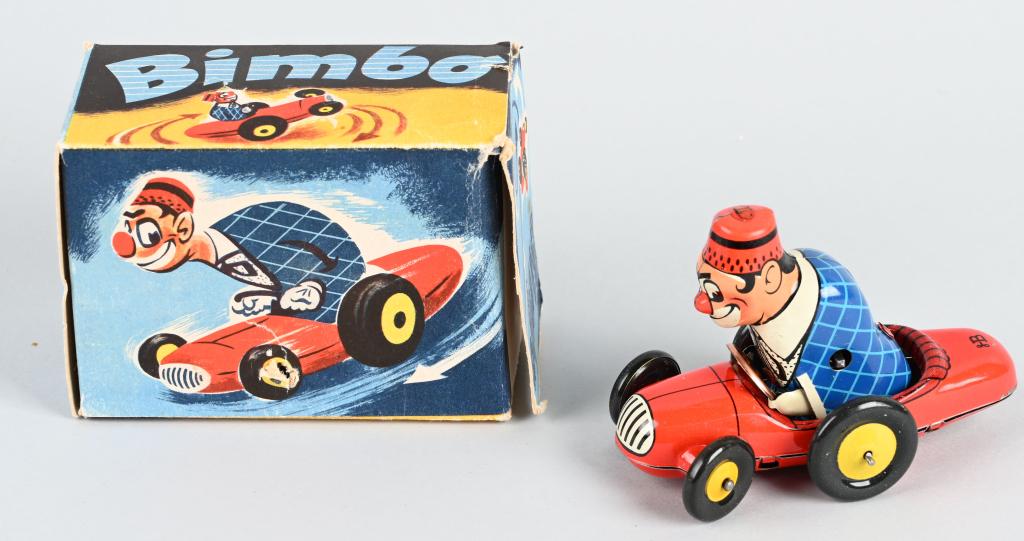 US ZONE GERMANY TIN WINDUP BIMBO CLOWN CAR w/ BOX: All original with nice colors. Windup works. Boxed 4 1/2" Excellent