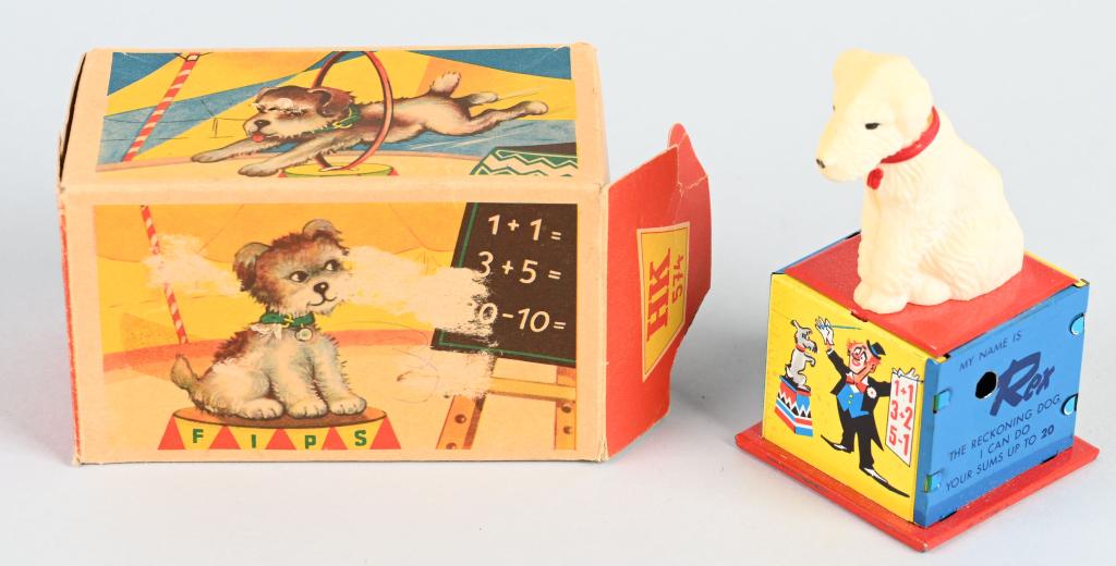 GERMAN TIN WINDUP REX THE RECKONING DOG w/ BOX: All original and works. Boxed 4" Excellent
