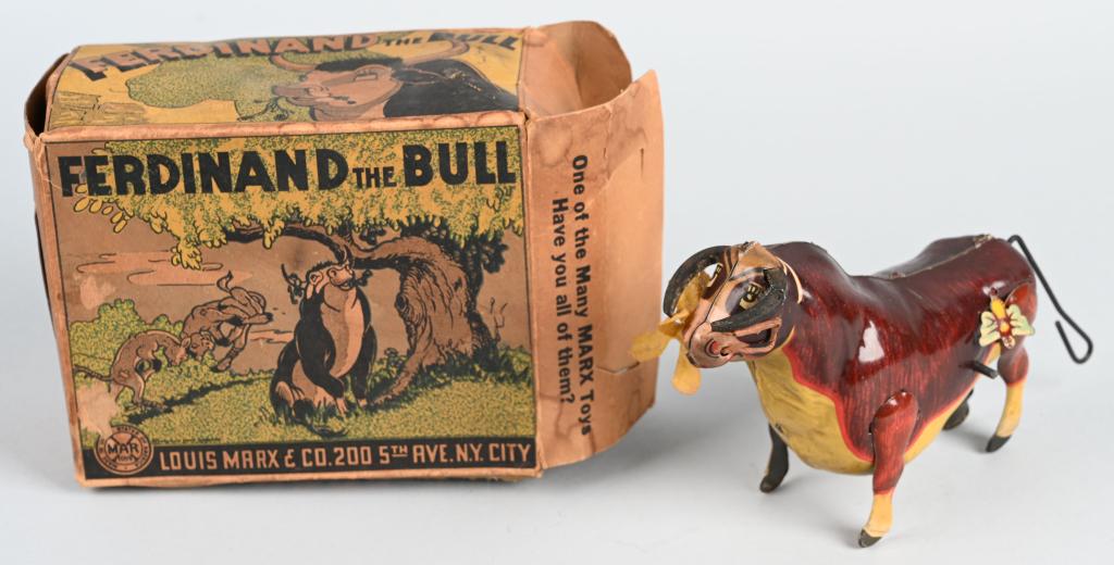 MARX TIN WINDUP FERDINAND THE BULL w/ BOX: All original and complete. Works. Boxed 6" Excellent