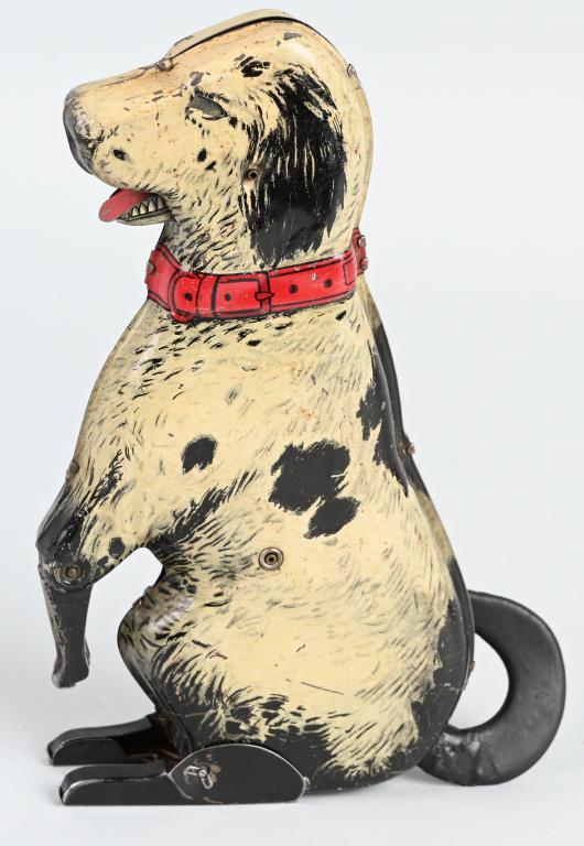 1920s FOXY FIDO DOG TOY: Unusual tin dog that is all original. Works with sand and gravity, Tails has repair. 8" Very Good