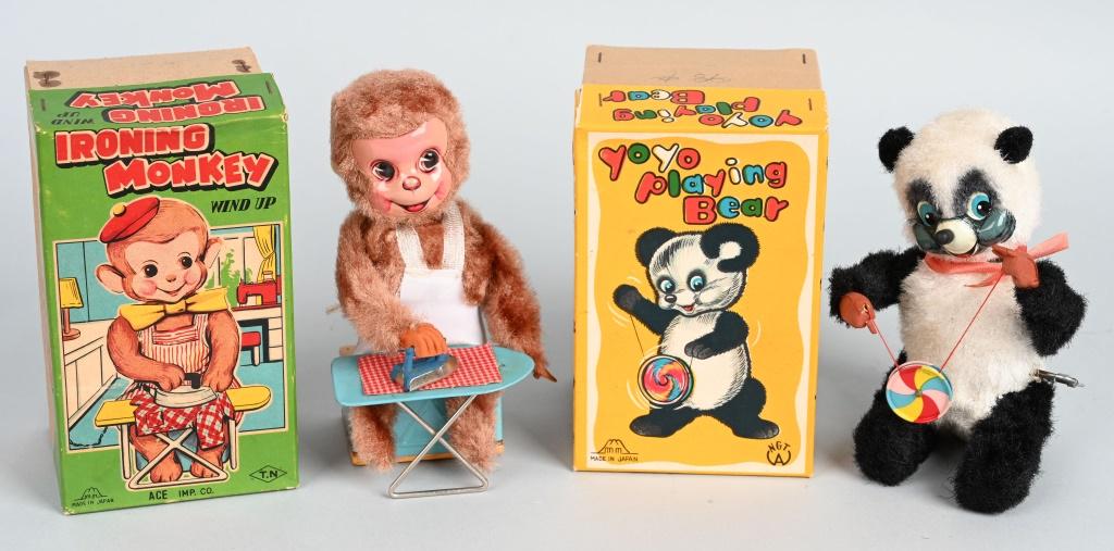 JAPAN WINDUP IRONING MONKEY & YOYO BEAR w/ BOXES: Both all original and working. Boxed. Largest 6 1/2" Excellent