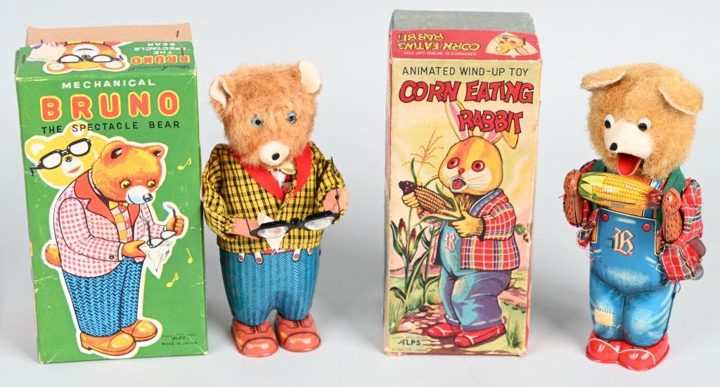 JAPAN WINDUP BRUNO BEAR & CORN EATING RABBIT: Both all original and complete. Working. Boxed. 7" Excellent