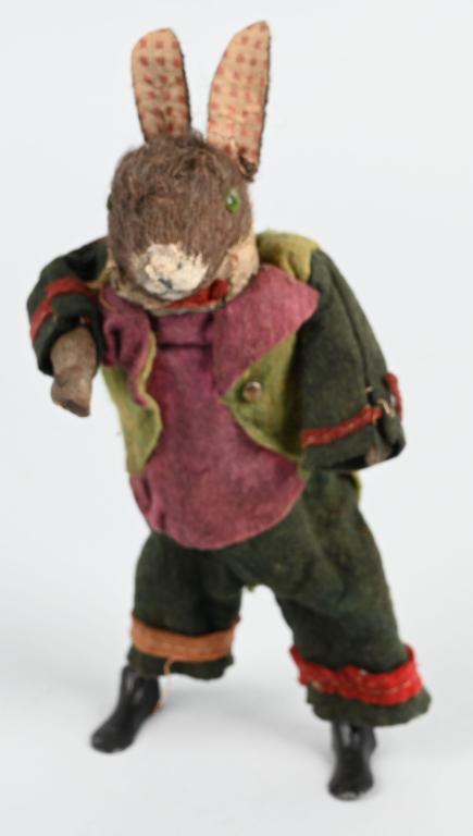 GERMAN WINDUP EASTER RABBIT w/ LEAD FEET: Original felt dressed Easter Rabbit with lead feet. Windup works. 7 1/2" Very Good-Excellent