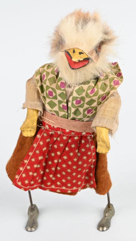 GERMAN WINDUP CHICKEN WITH LEAD FEET: Wonderful windup felt dressed Chicken with glass eyes and lead feet. Windup works. 7 1/2" Excellent