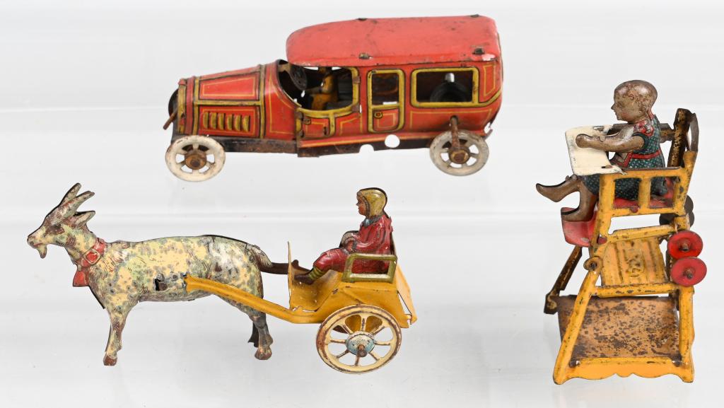 3- GERMAN PENNY TOYS: Includes Goat Cart, baby in High Chair, and Automobile. All original. Largest 4" Very Good-Excellent