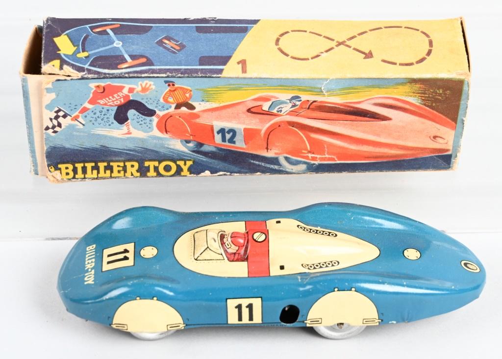 GERMAN tin windup BILLER RACE CAR w/ BOX: Nice tin windup race car made by Biller with the original colorful box. The toy worked when tested. 6" Excellent