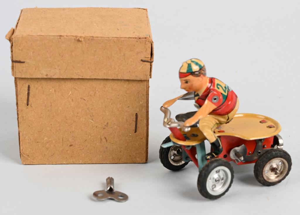 GERMAN tin windup IRISH MAIL TOY w/ BOX: Beautiful toy with great colors. Windup worked when teted. Includes plain original box. 3 1/2", Excellent-Near Mint