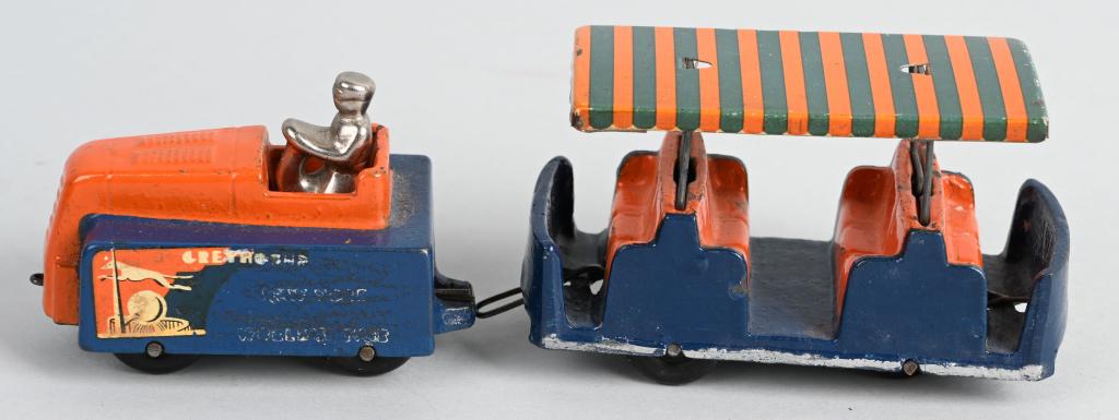 ARCADE cast iron N.Y. WORLD'S FAIR TRAM: All original 1930's toy with no cracks or breaks. Bright original paint. 7 1/2", Excellent