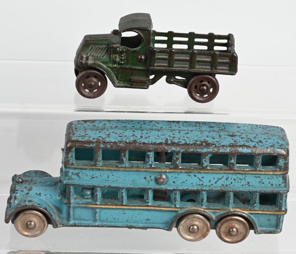 AC WILLIAMS CAST IRON DOUBLE DECKER BUS & MORE: Nice Double Decker Bus and Mack Stake Bed Truck. Both all original with no breaks. Largest 7 1/2" Very Good