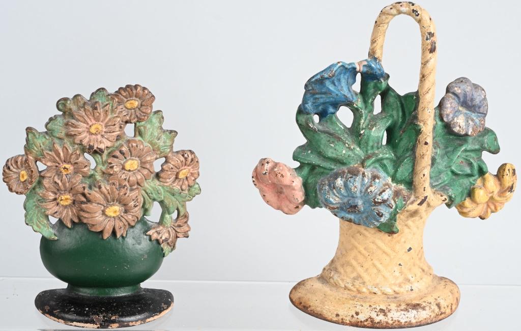 2- CAST IRON FLOWER BASKET DOOR STOPS: Nice lot of 2 original cast iron Flower Basket Door Stops. All with nice design and colors. Largest 9 3/4" Very Good-Excellent