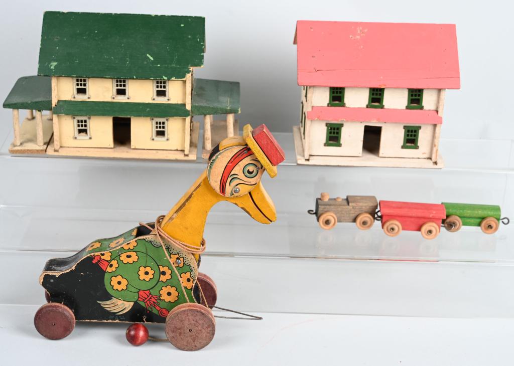 WOODEN HOUES, DUCK, & MORE: Includes 2 wooden houses with metal windows, Wooden Duck Toy, and Wooden Train. Largest 10" Very Good-Excellent